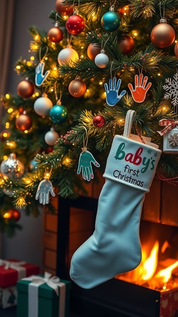 A festive Christmas scene with a decorated tree, handmade ornaments, and a baby